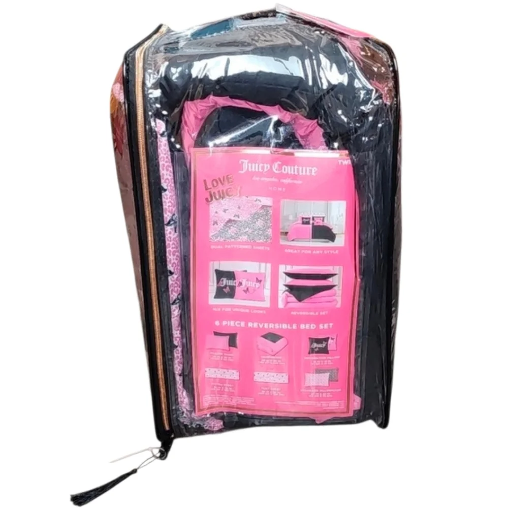 Juicy Couture 6 Piece Reversible Comforter Bed Set Pink & Black / Leopard - New